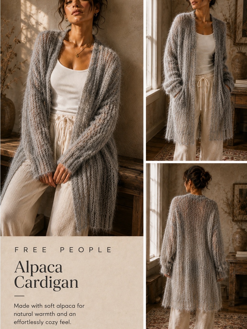 Free People Soft Gray Alpaca Open Knit Cardigan